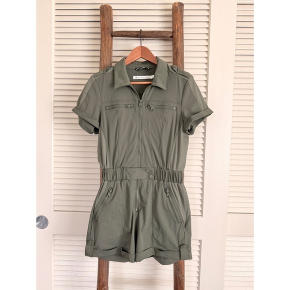 blanc noir Pants - BLANC NOIR Olive Green Utility Romper Jumpsuit‎ Shorts Zip Pockets Size S